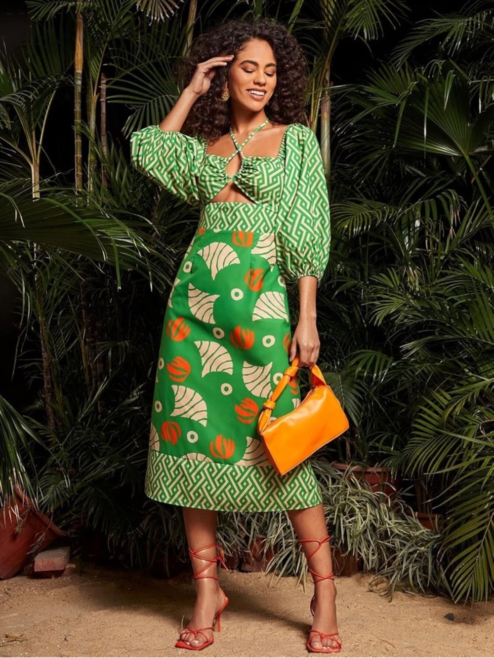 Green Printed Midi Dress with Front Cutout and Tie Neck